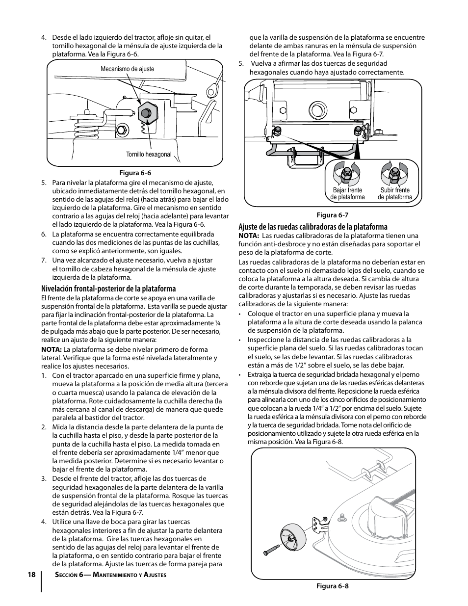 Nivelación frontal-posterior de la plataforma, Ajuste de las ruedas calibradoras de la plataforma | Cub Cadet I1042 User Manual | Page 46 / 56