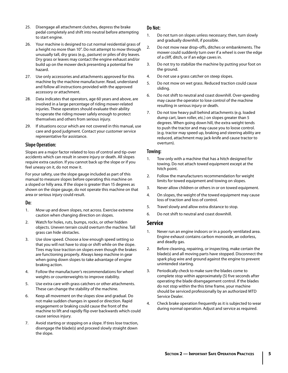 Service, Slope operation, Do not | Towing | Cub Cadet I1042 User Manual | Page 5 / 56