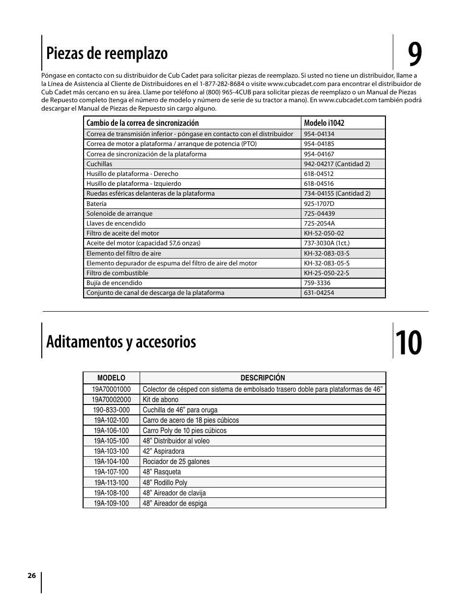 Piezas de reemplazo, Aditamentos y accesorios | Cub Cadet I1042 User Manual | Page 54 / 56