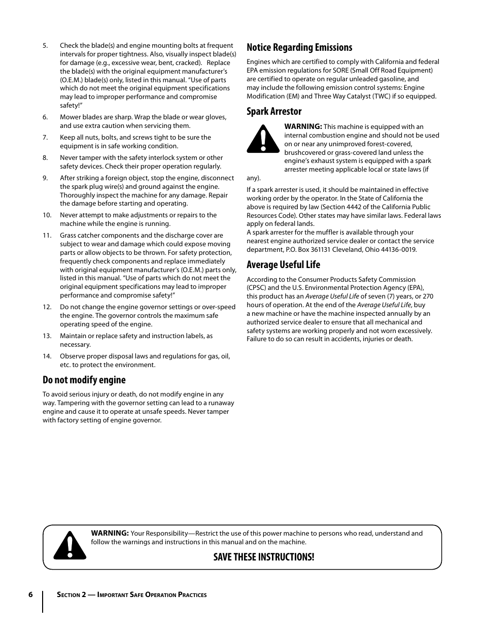 Do not modify engine, Notice regarding emissions, Spark arrestor | Average useful life, Save these instructions | Cub Cadet I1042 User Manual | Page 6 / 56