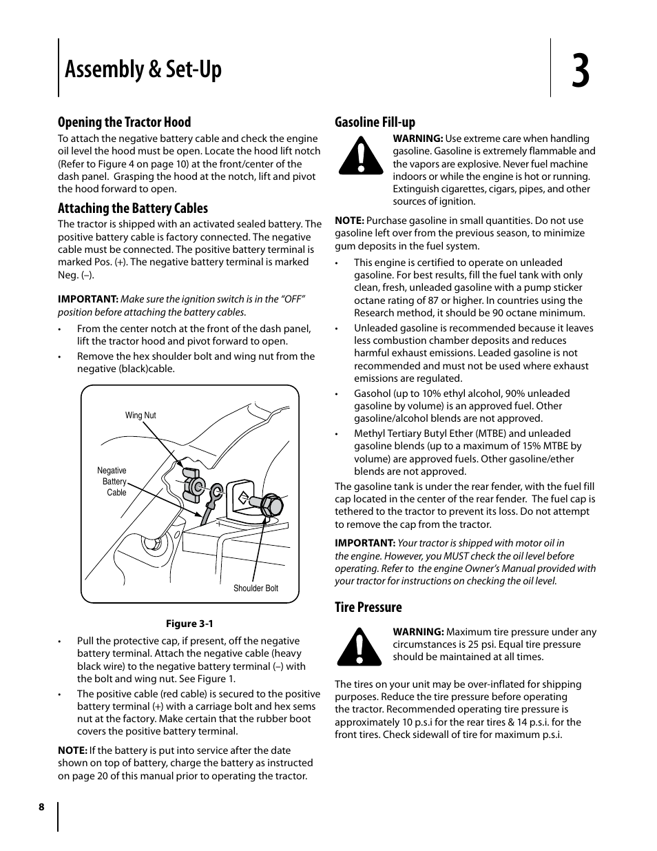 Assembly & set-up, Gasoline fill-up, Tire pressure | Opening the tractor hood, Attaching the battery cables | Cub Cadet I1042 User Manual | Page 8 / 56