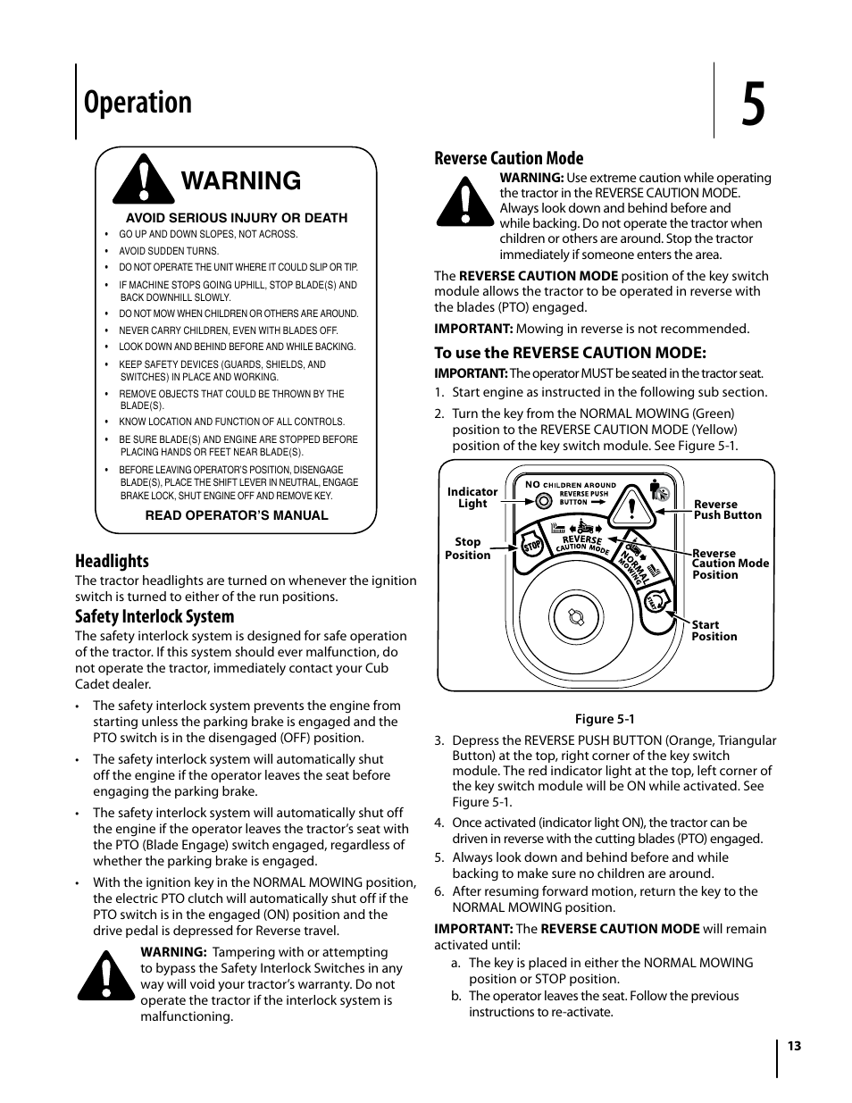 Operation, Warning, Headlights | Safety interlock system, Reverse caution mode | Cub Cadet i1050 User Manual | Page 13 / 32