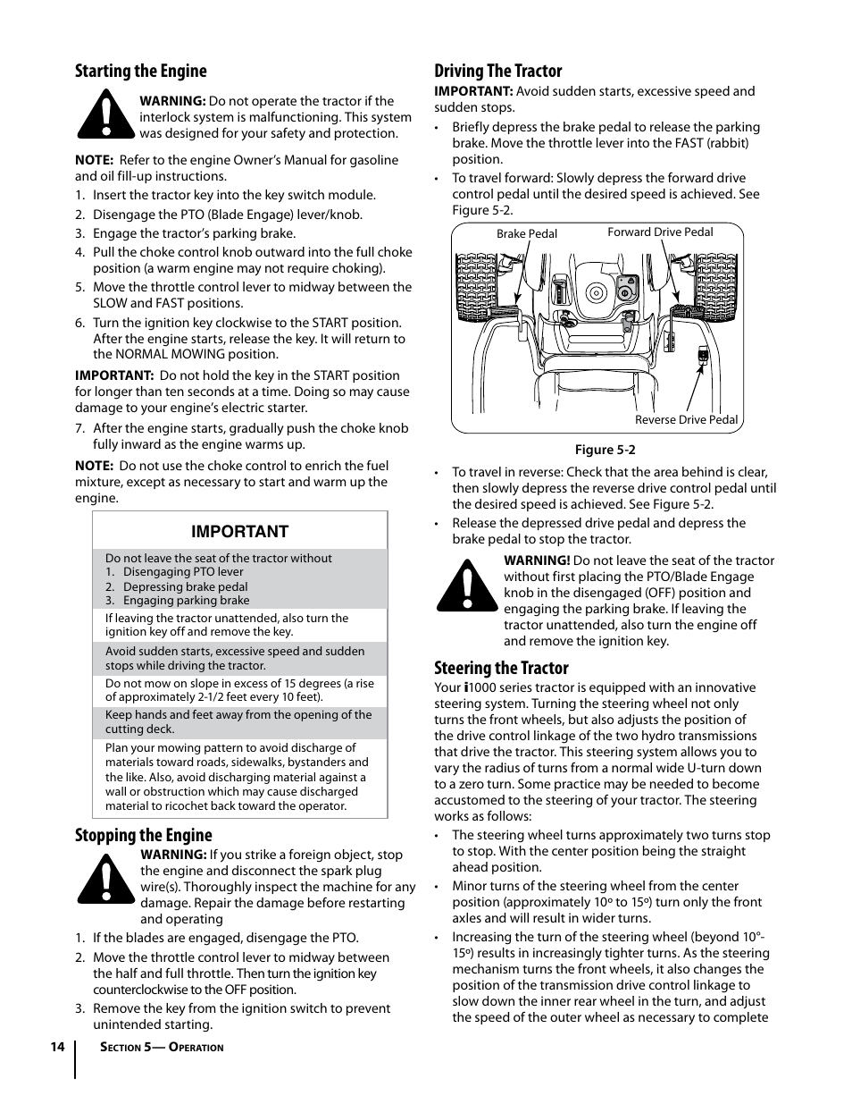 Starting the engine, Stopping the engine, Driving the tractor | Steering the tractor | Cub Cadet i1050 User Manual | Page 14 / 32