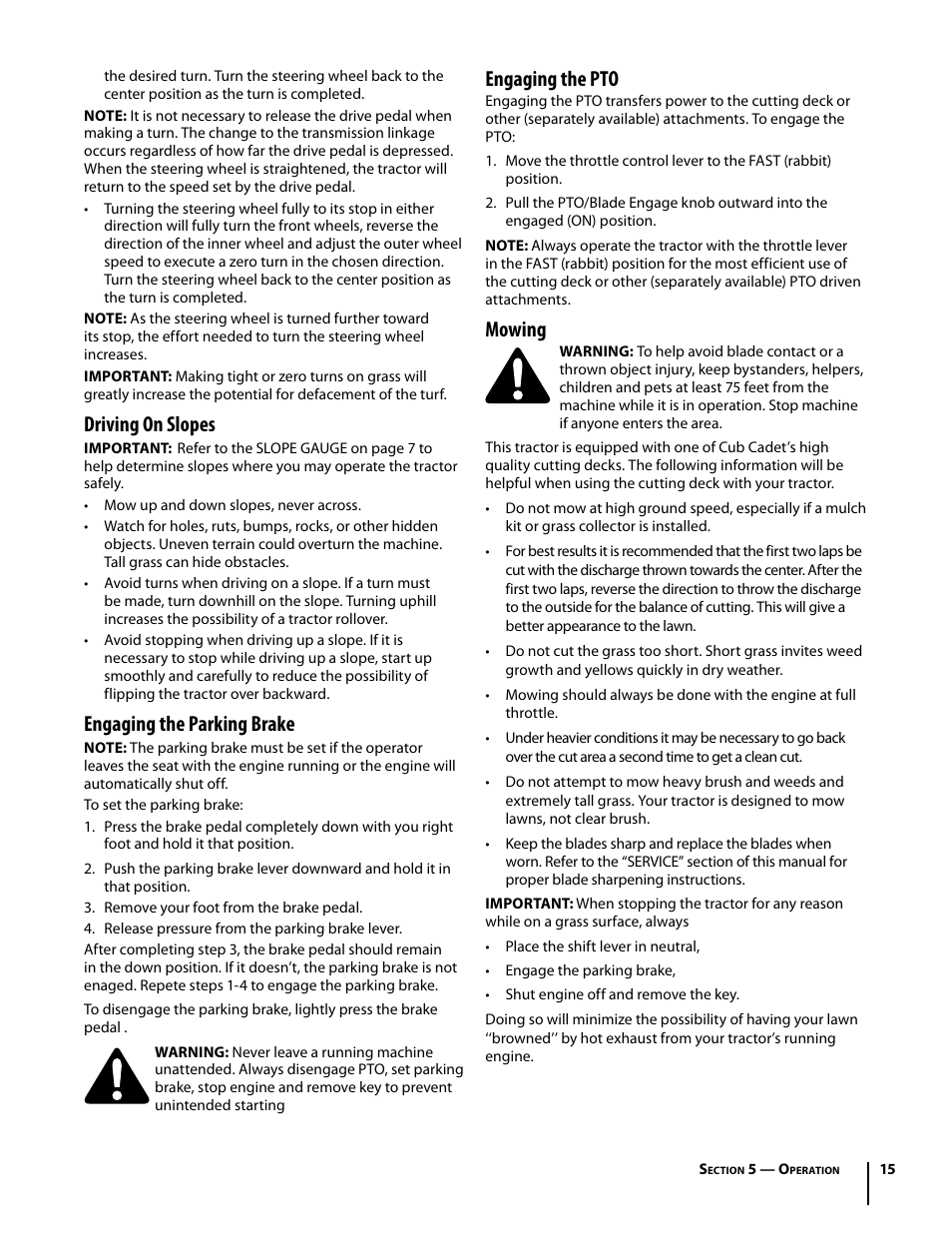 Driving on slopes, Engaging the parking brake, Engaging the pto | Mowing | Cub Cadet i1050 User Manual | Page 15 / 32