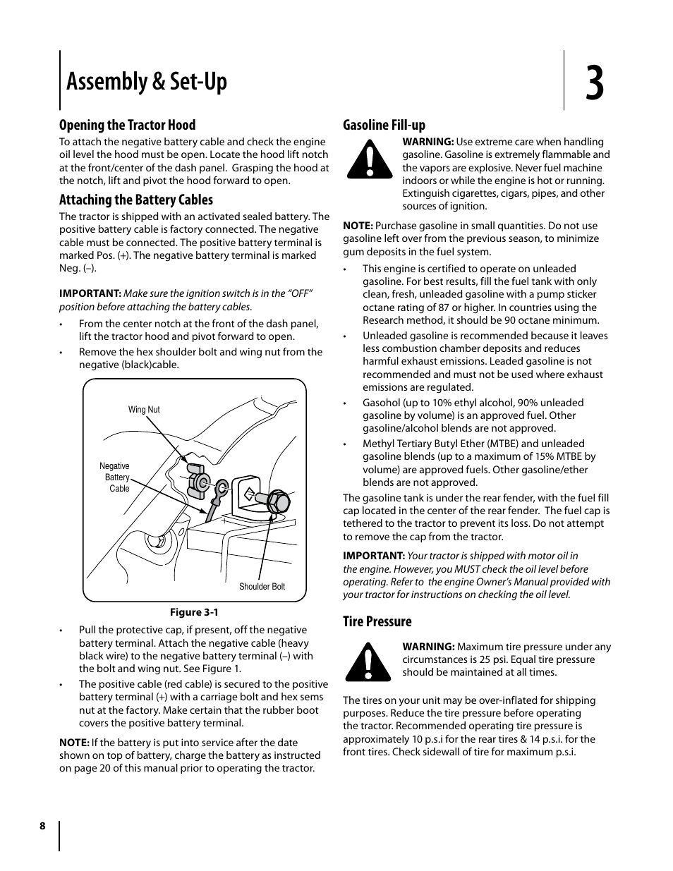 Assembly & set-up, Gasoline fill-up, Tire pressure | Opening the tractor hood, Attaching the battery cables | Cub Cadet i1050 User Manual | Page 8 / 32