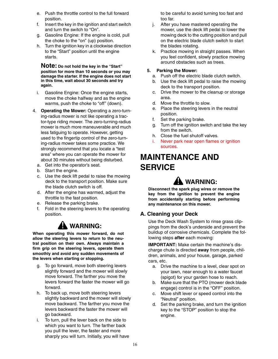 Maintenance and service, Warning | Cub Cadet 23HP Z-Force 50 User Manual | Page 16 / 32