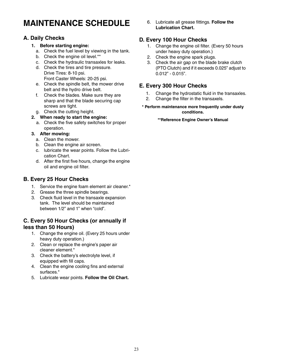 Maintenance schedule | Cub Cadet 23HP Z-Force 50 User Manual | Page 23 / 32