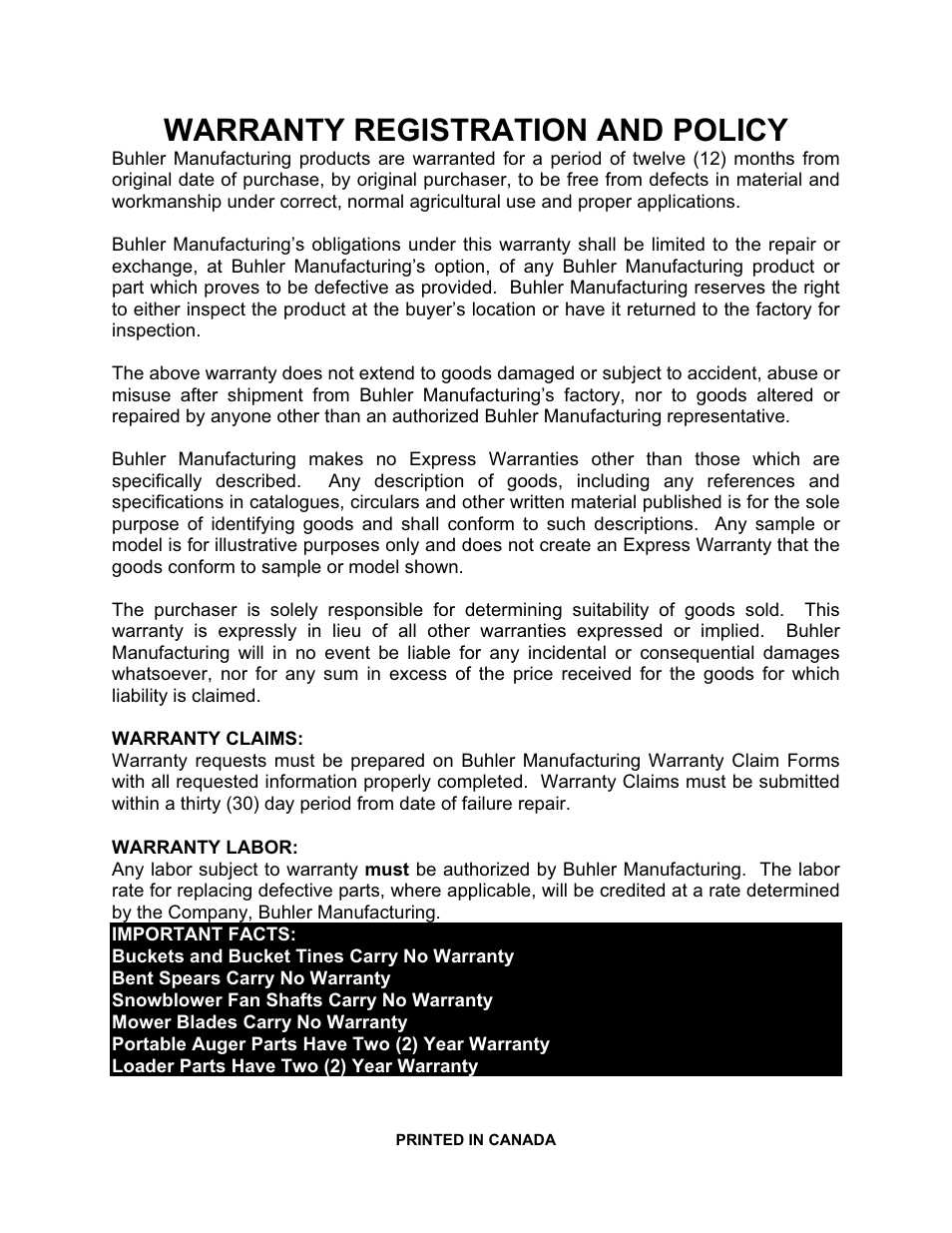 Warranty registration and policy | Buhler 2895E User Manual | Page 2 / 46
