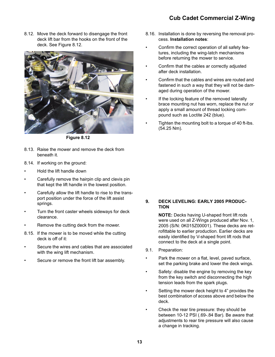 Deck leveling: early 2005 production, Cub cadet commercial z-wing | Cub Cadet Z-Wing User Manual | Page 17 / 88