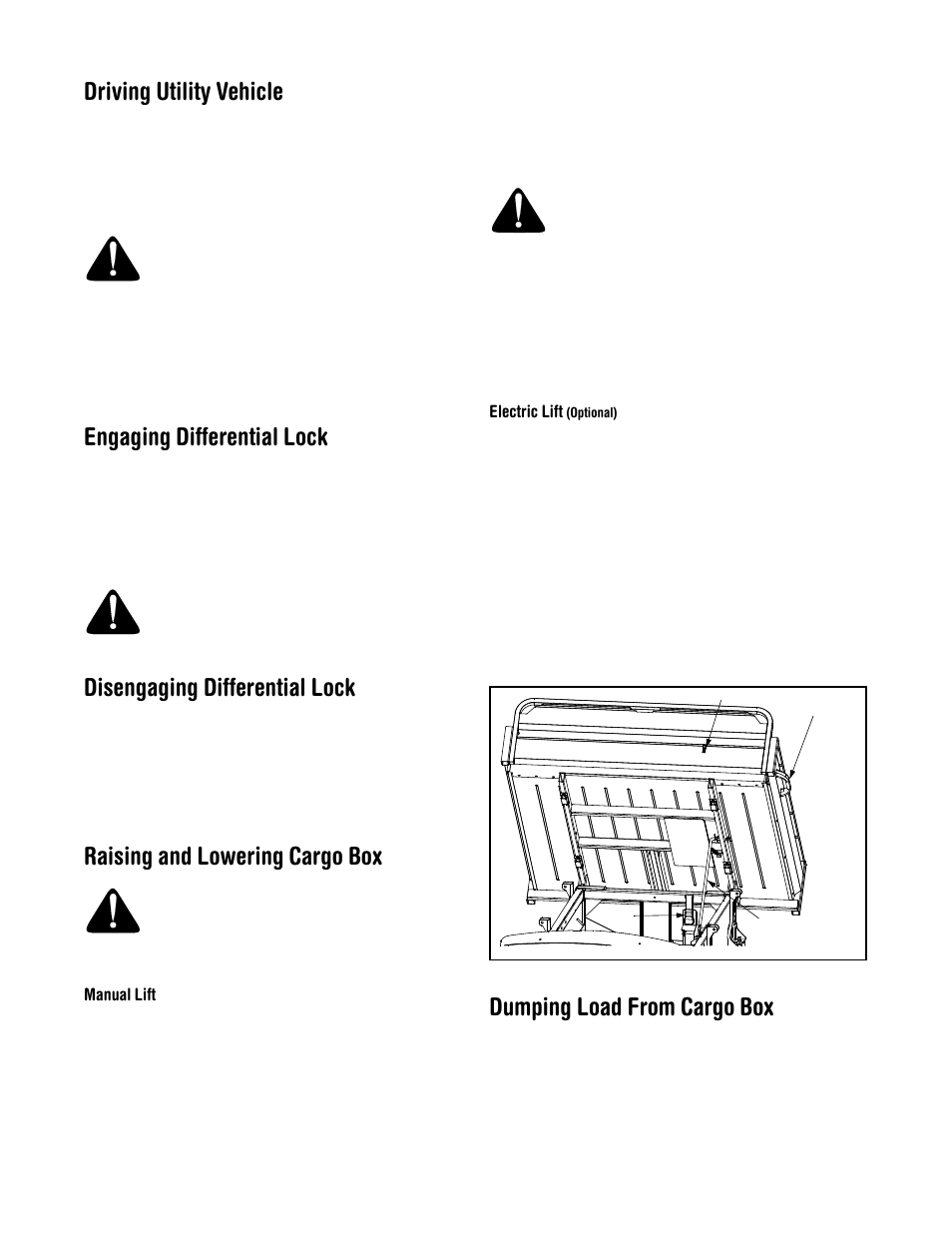 Driving utility vehicle, Engaging differential lock, Disengaging differential lock | Raising and lowering cargo box, Dumping load from cargo box | Cub Cadet 640 User Manual | Page 11 / 24