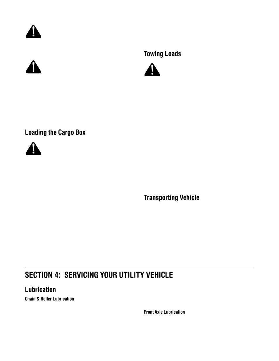 Loading the cargo box, Towing loads, Transporting vehicle | Lubrication | Cub Cadet 640 User Manual | Page 12 / 24