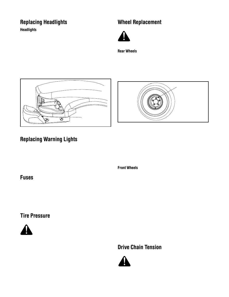 Replacing headlights, Replacing warning lights, Fuses | Tire pressure, Wheel replacement, Drive chain tension | Cub Cadet 640 User Manual | Page 14 / 24