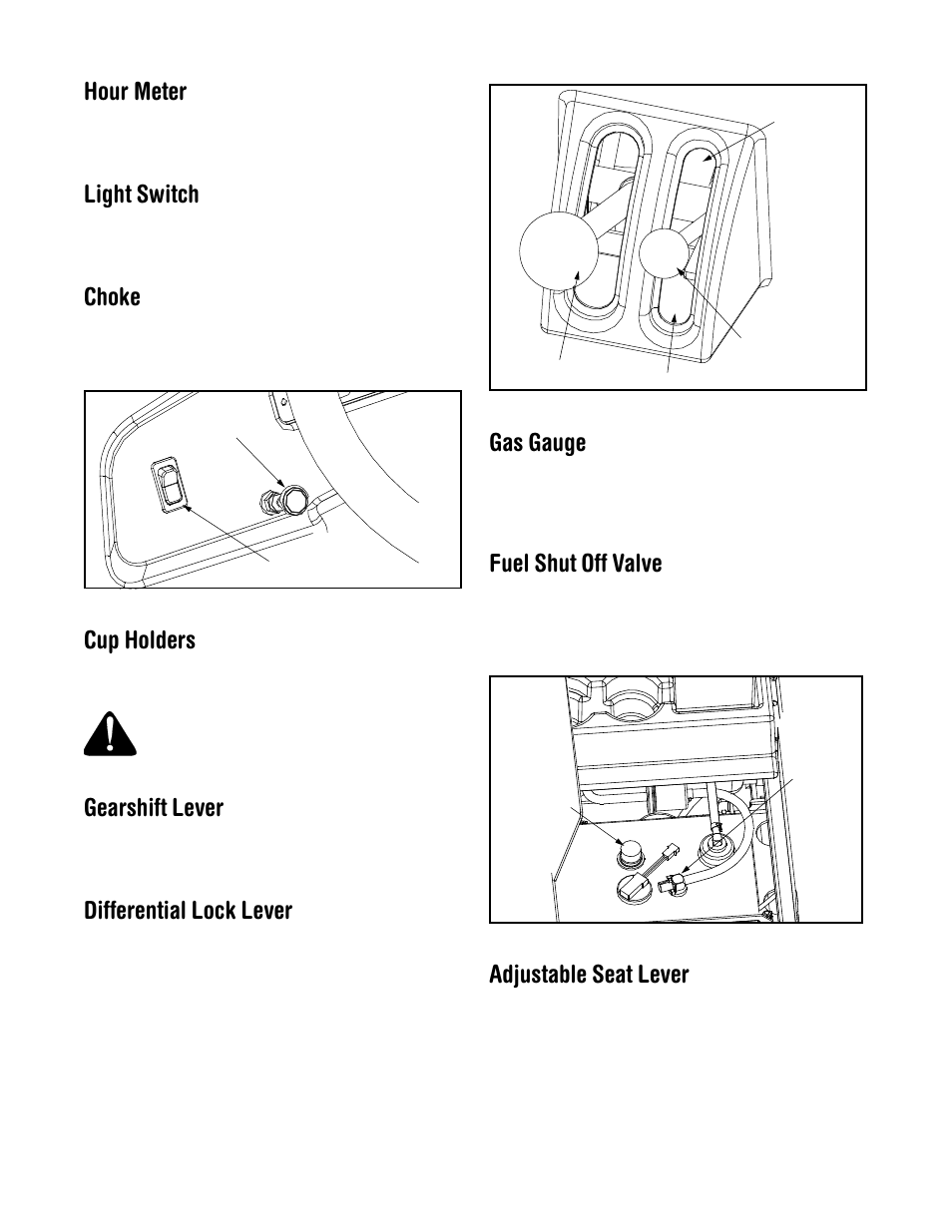 Hour meter, Light switch, Choke | Cup holders, Gearshift lever, Differential lock lever, Gas gauge, Fuel shut off valve, Adjustable seat lever | Cub Cadet 640 User Manual | Page 9 / 24