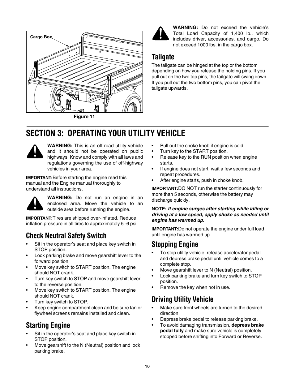 Tailgate, Section 3: operating your utility vehicle, Check neutral safety switch | Starting engine, Stopping engine, Driving utility vehicle, E figure | Cub Cadet 641 User Manual | Page 10 / 24