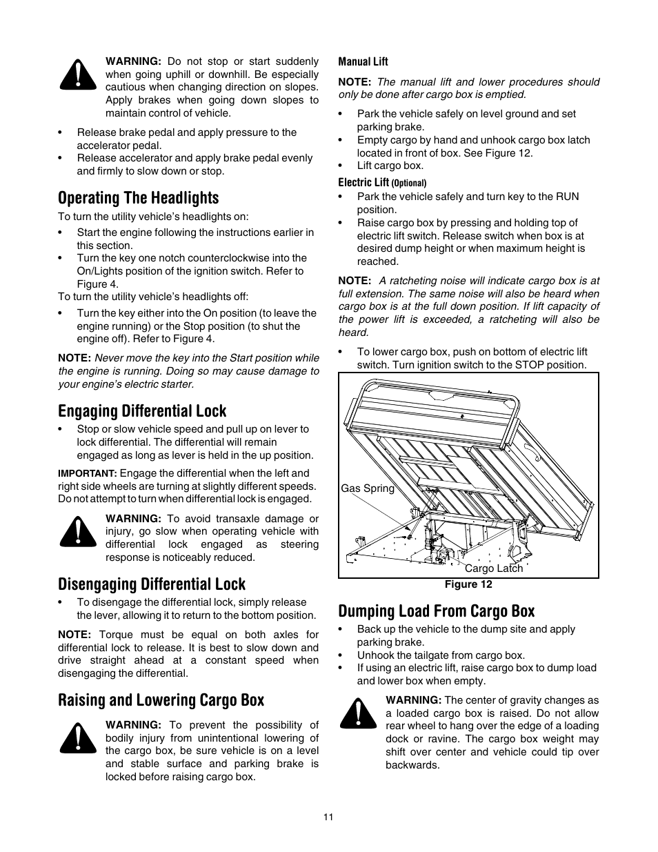 Operating the headlights, Engaging differential lock, Disengaging differential lock | Raising and lowering cargo box, Manual lift, Electric lift (optional), Dumping load from cargo box, 11 of | Cub Cadet 641 User Manual | Page 11 / 24