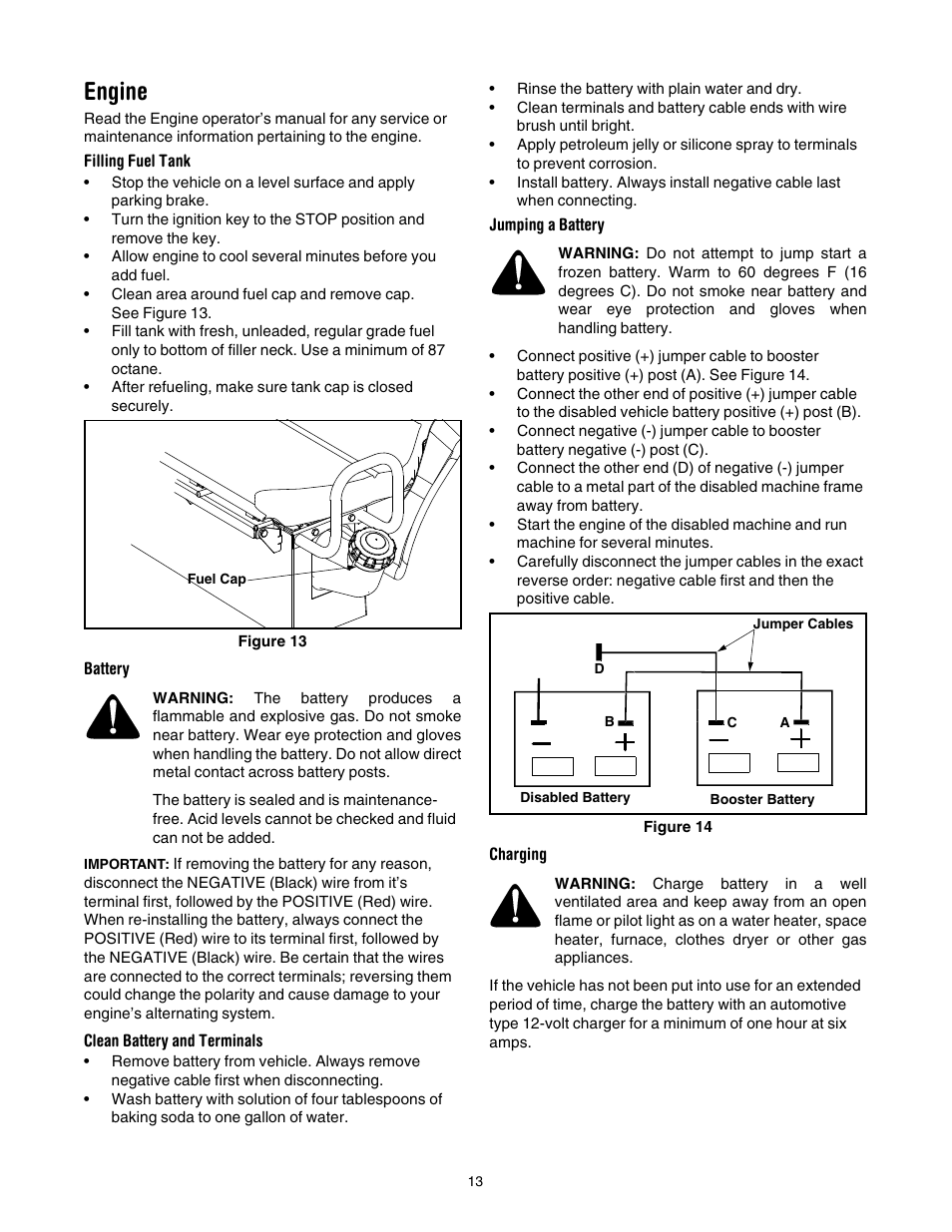 Engine, Filling fuel tank, Battery | Clean battery and terminals, Jumping a battery, Charging | Cub Cadet 641 User Manual | Page 13 / 24