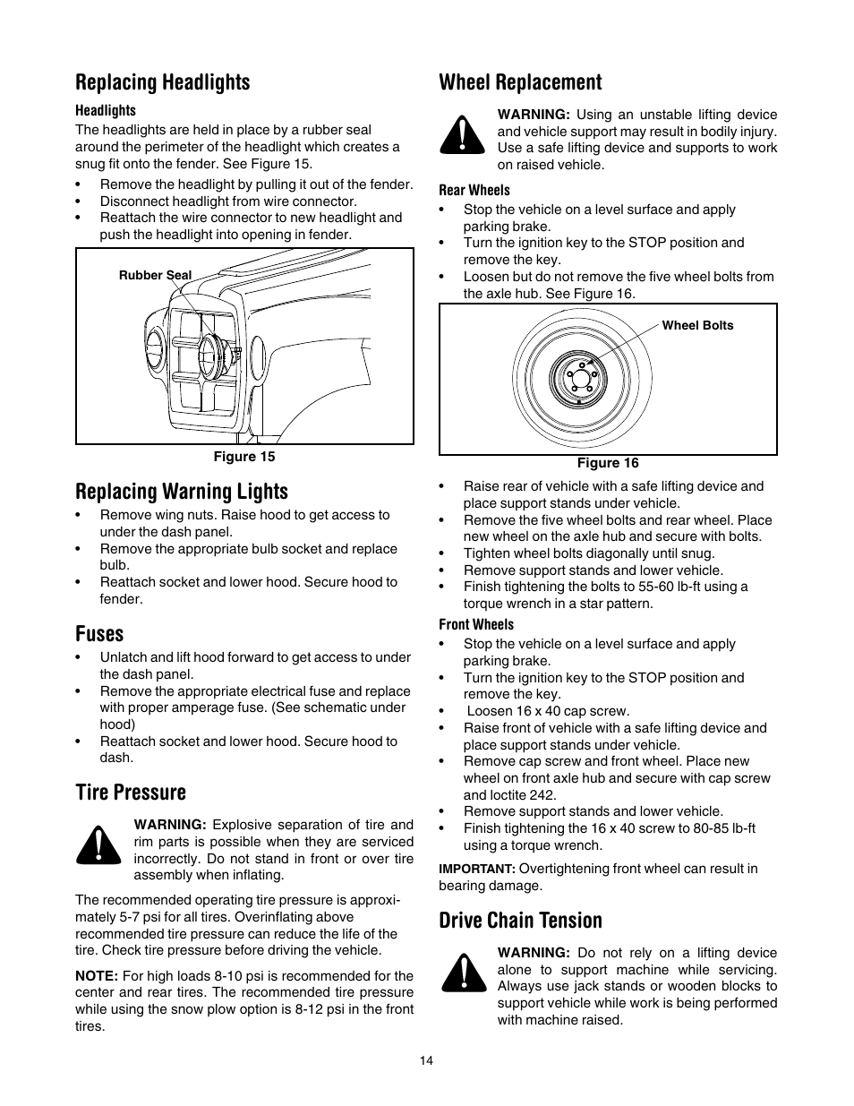 Replacing headlights, Headlights, Replacing warning lights | Fuses, Tire pressure, Wheel replacement, Rear wheels, Front wheels, Drive chain tension | Cub Cadet 641 User Manual | Page 14 / 24