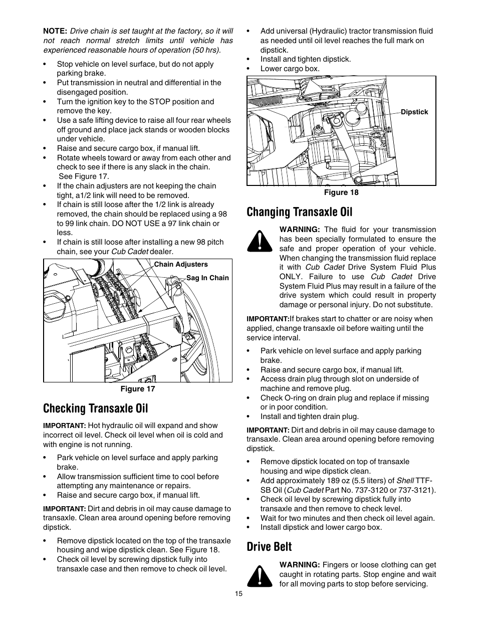 Checking transaxle oil, Changing transaxle oil, Drive belt | Cub Cadet 641 User Manual | Page 15 / 24