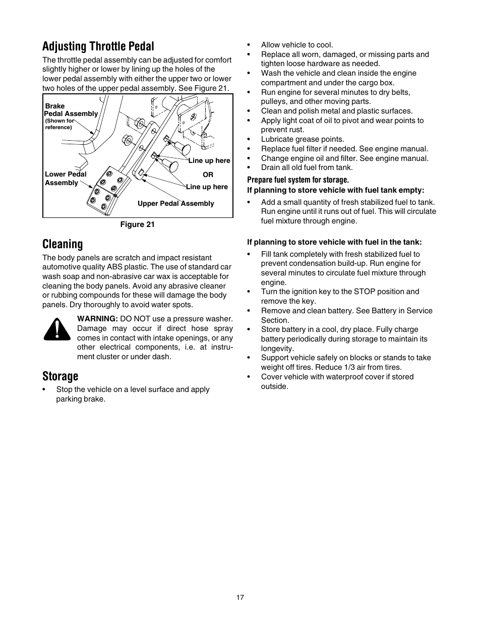 Adjusting throttle pedal, Cleaning, Storage | Prepare fuel system for storage | Cub Cadet 641 User Manual | Page 17 / 24