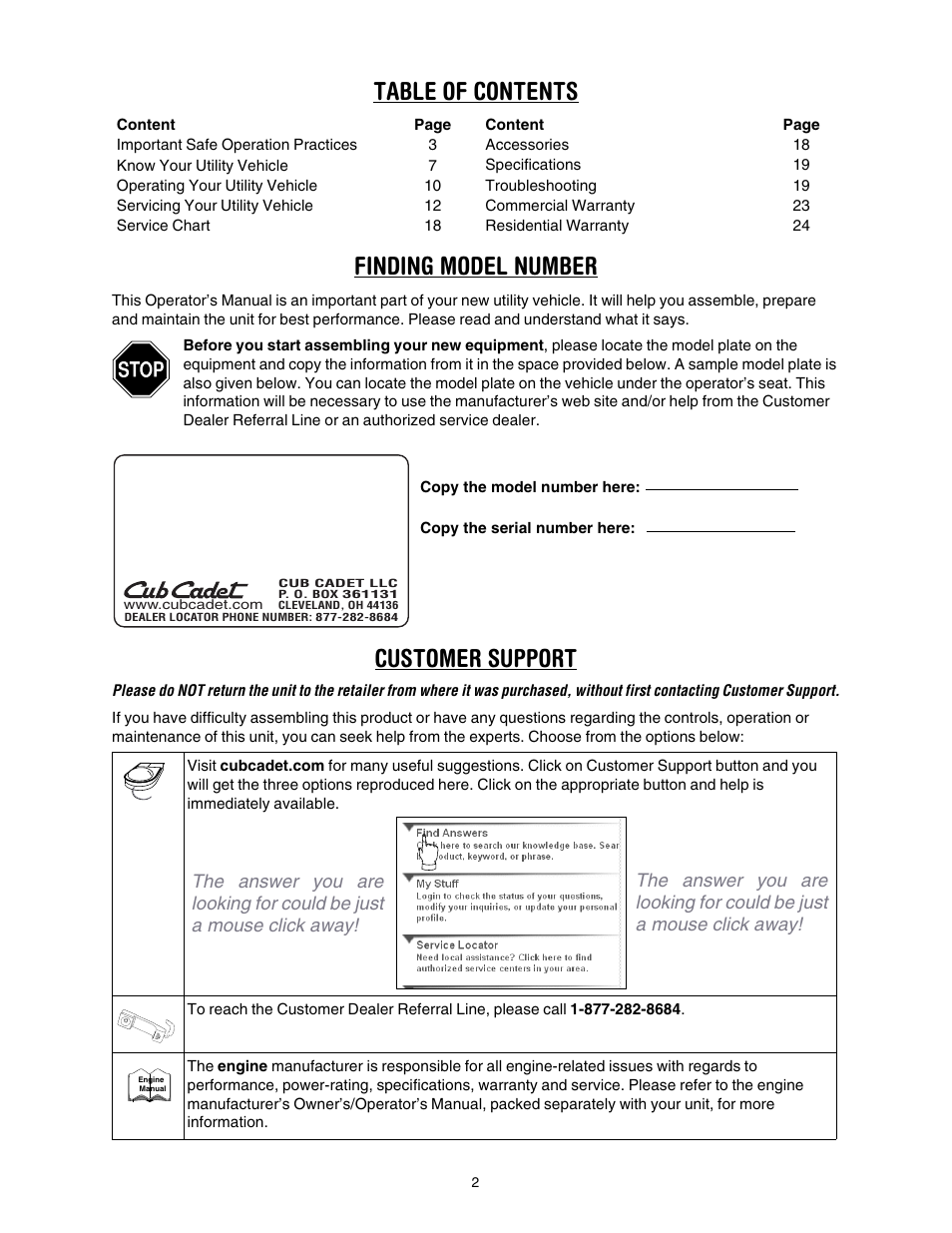 Table of contents finding model number, Customer support | Cub Cadet 641 User Manual | Page 2 / 24