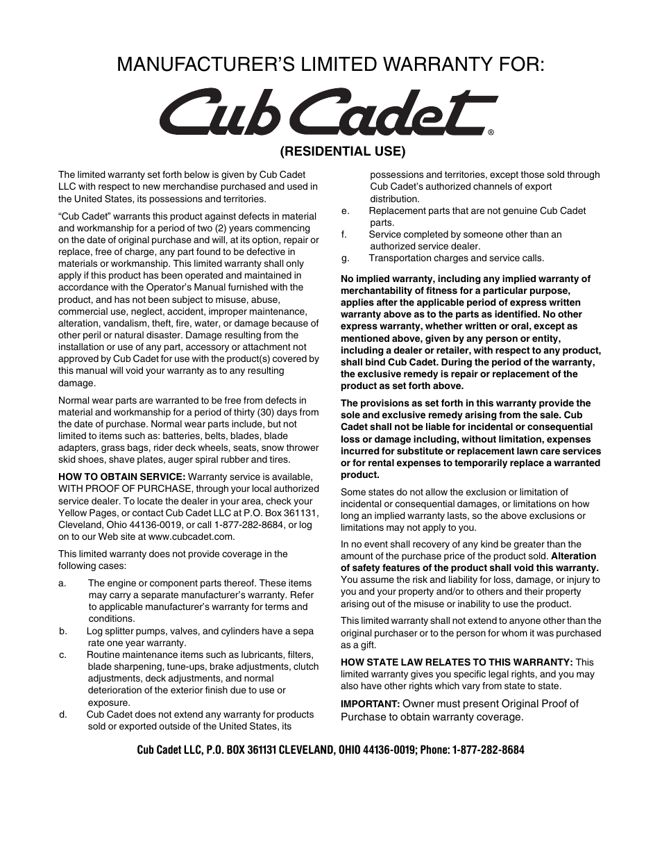 Manufacturer’s limited warranty for | Cub Cadet 641 User Manual | Page 24 / 24