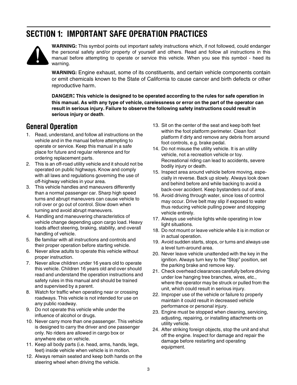 Section 1: important safe operation practices, General operation | Cub Cadet 641 User Manual | Page 3 / 24