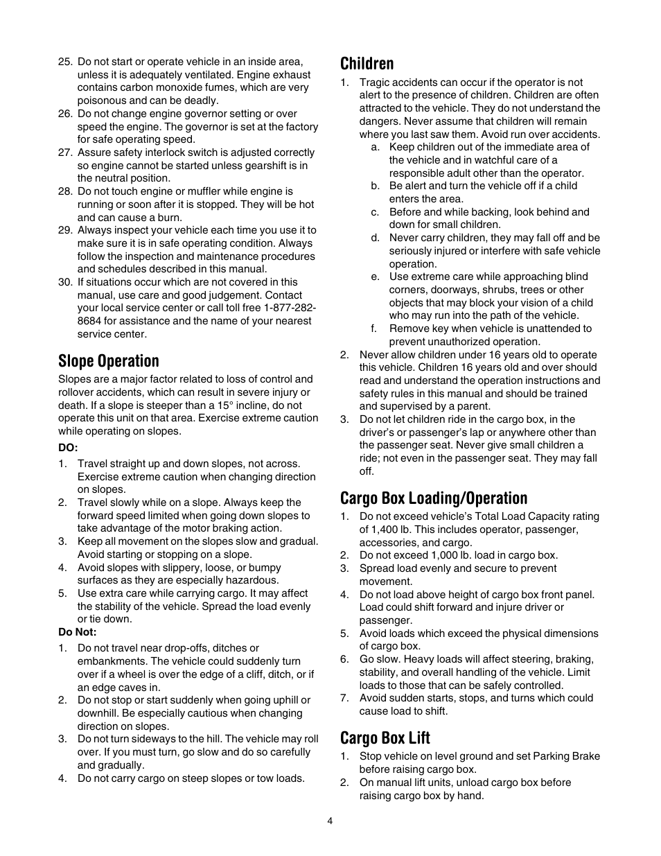 Slope operation, Children, Cargo box loading/operation | Cargo box lift | Cub Cadet 641 User Manual | Page 4 / 24