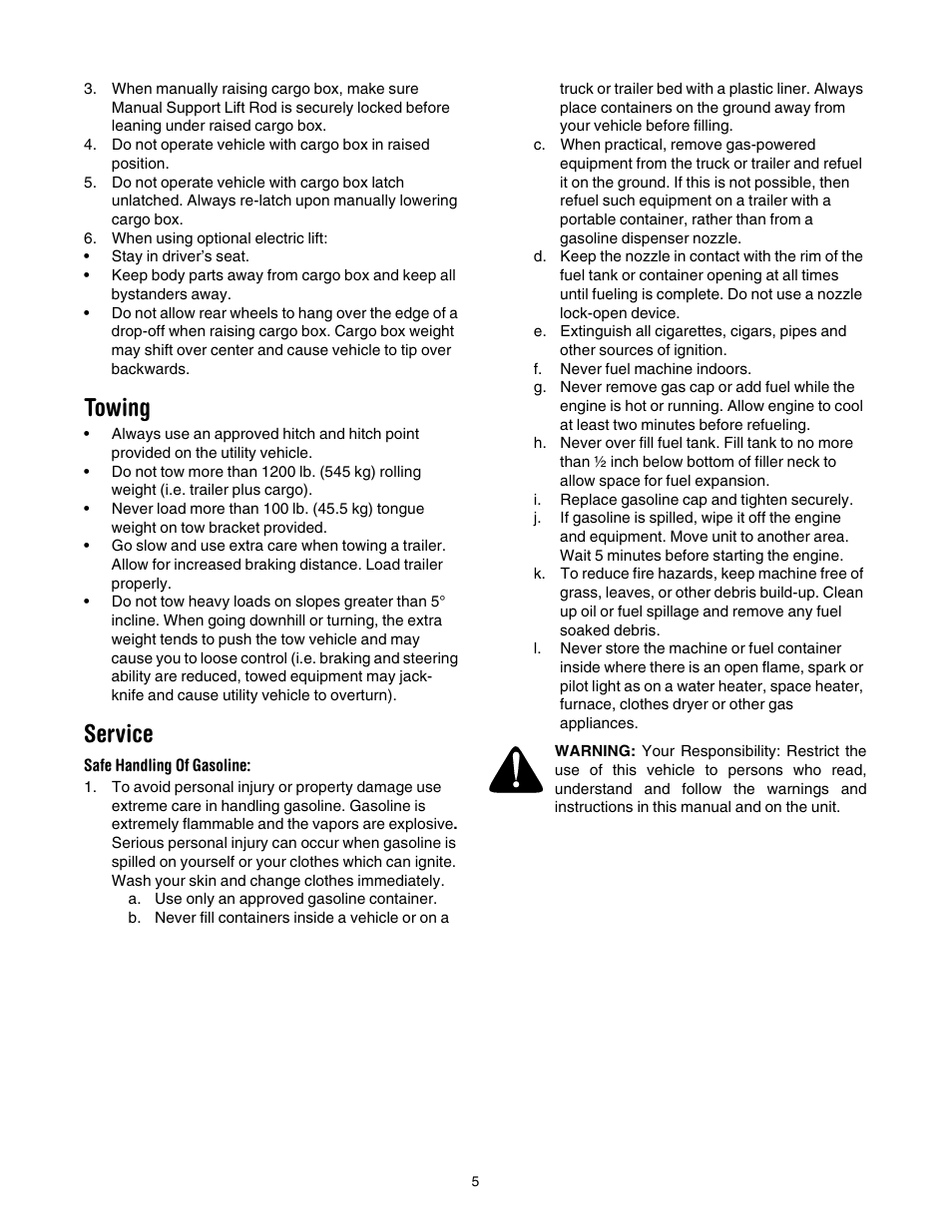 Towing, Service, Safe handling of gasoline | Cub Cadet 641 User Manual | Page 5 / 24