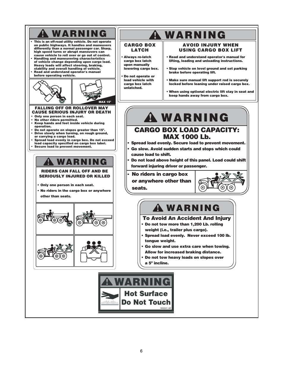 Hot surface do not touch, Cargo box load capacity: max 1000 lb | Cub Cadet 641 User Manual | Page 6 / 24