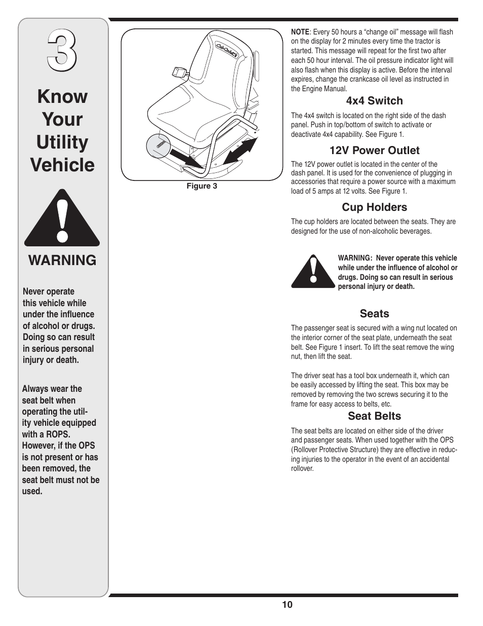 Know your utility vehicle, Warning | Cub Cadet J467 User Manual | Page 10 / 32