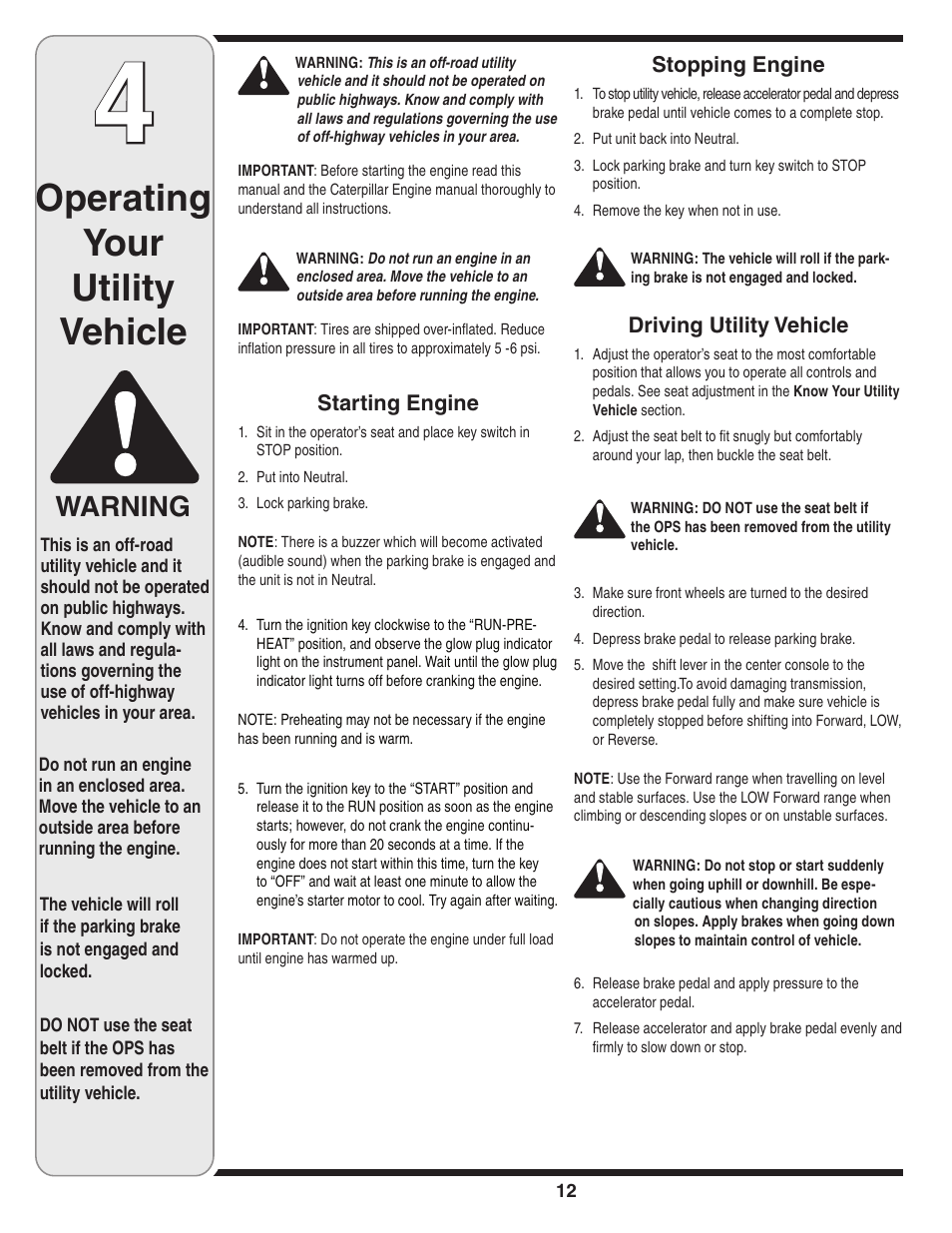 Operating your utility vehicle, Warning | Cub Cadet J467 User Manual | Page 12 / 32