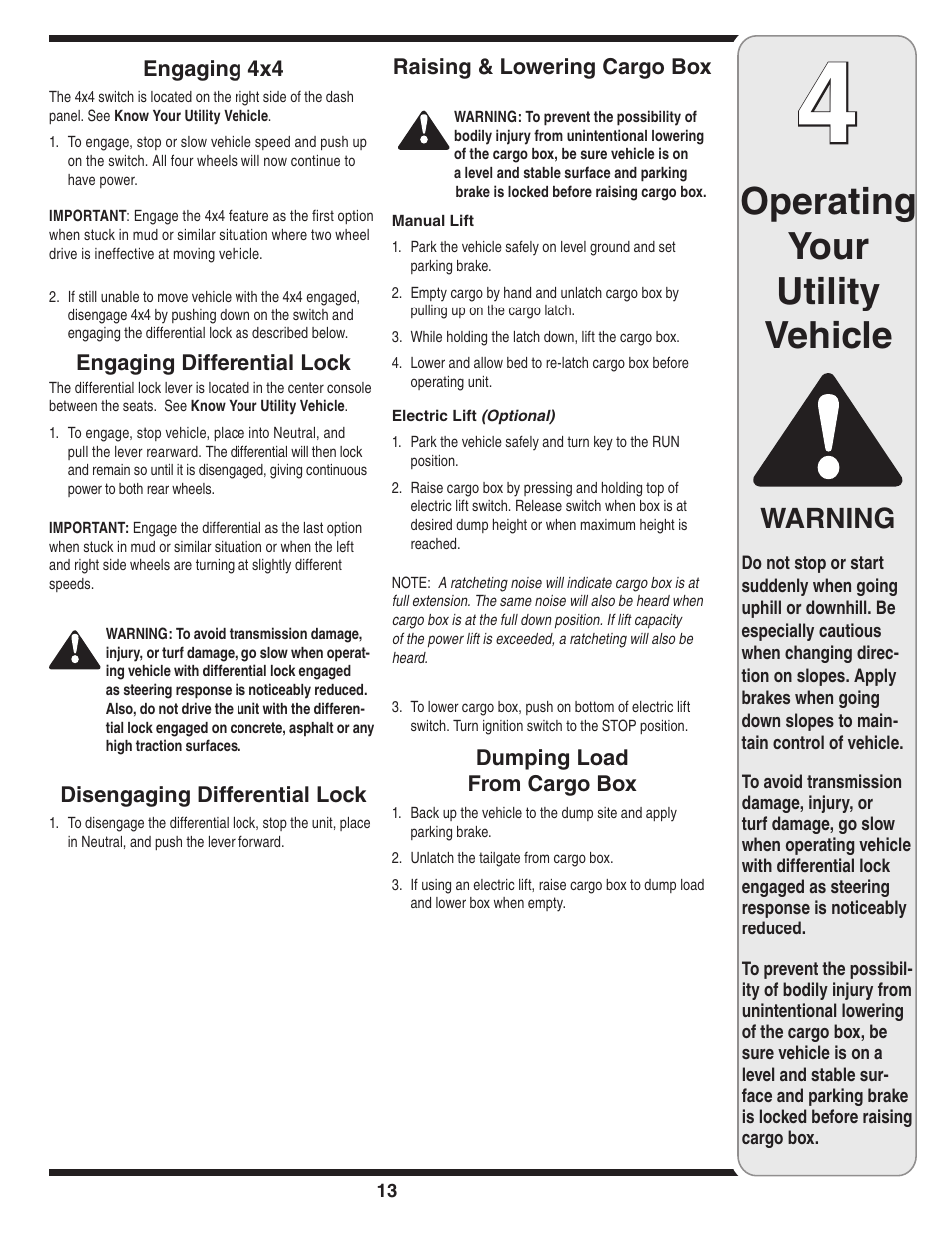 Operating your utility vehicle, Warning | Cub Cadet J467 User Manual | Page 13 / 32