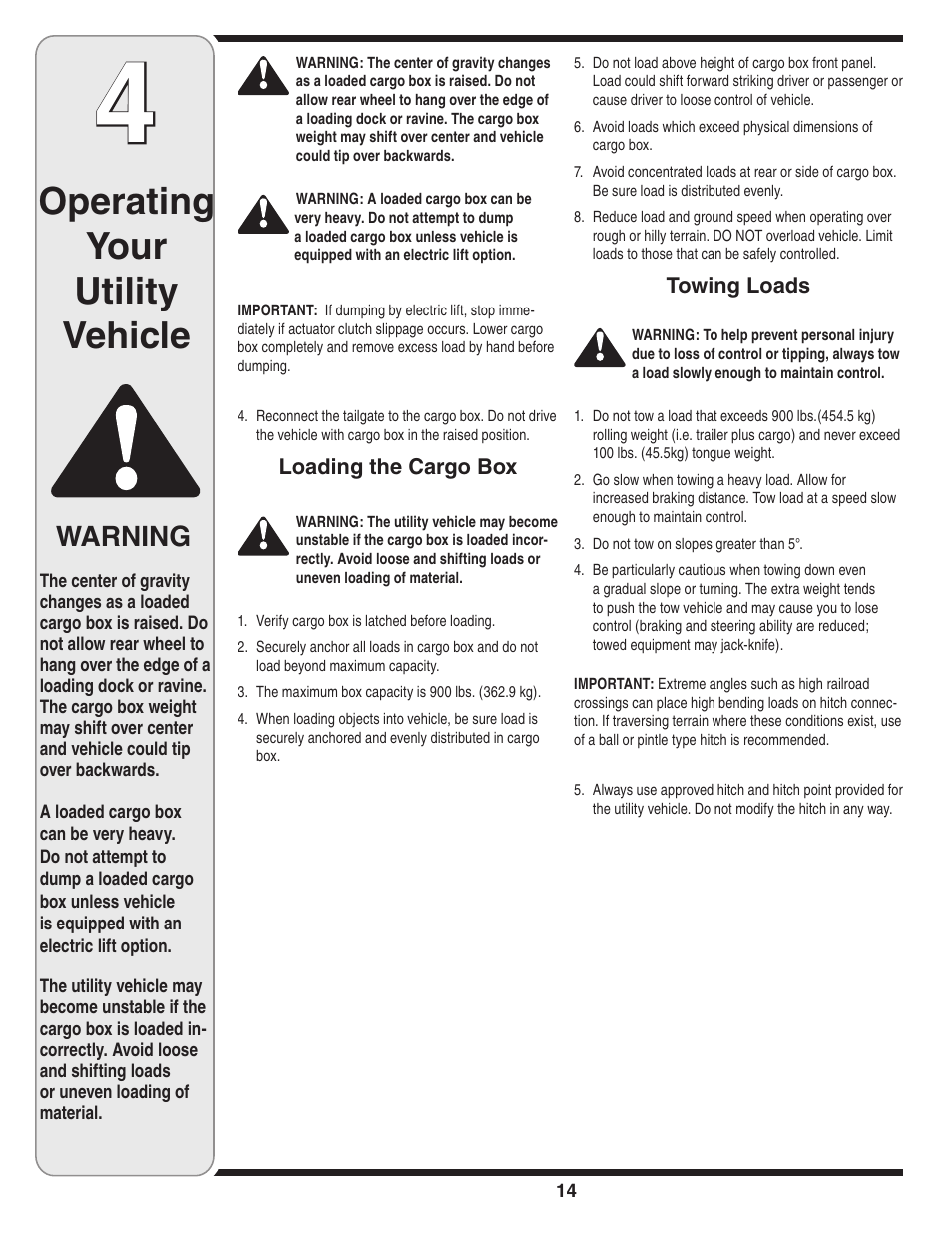 Operating your utility vehicle, Warning | Cub Cadet J467 User Manual | Page 14 / 32