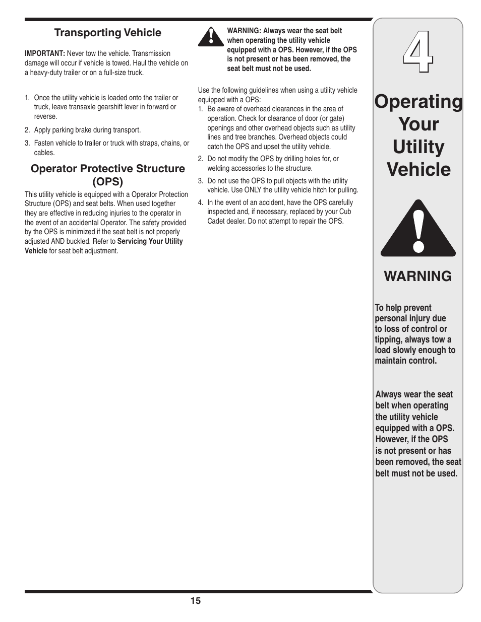 Operating your utility vehicle, Warning | Cub Cadet J467 User Manual | Page 15 / 32