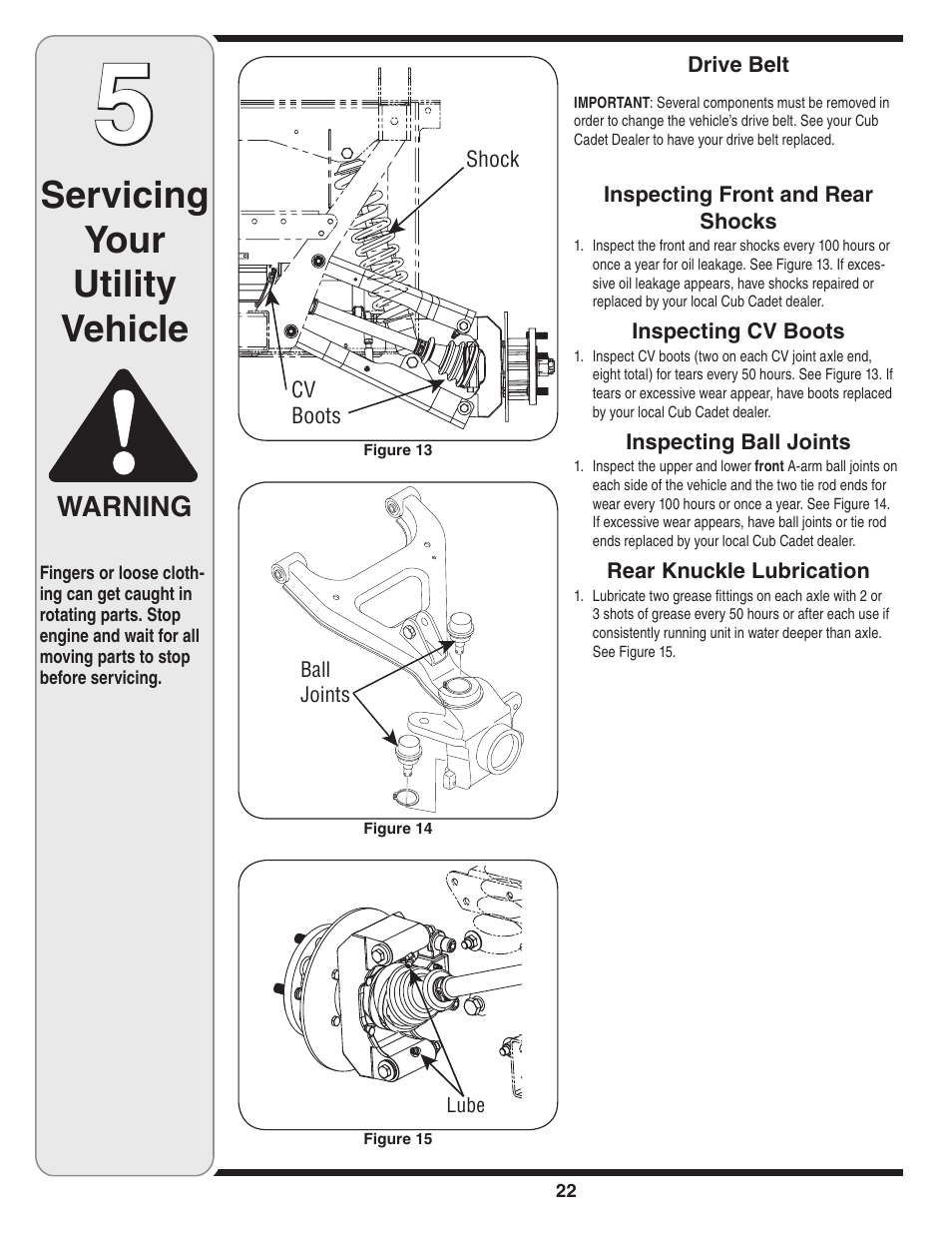 Servicing your utility vehicle, Warning | Cub Cadet J467 User Manual | Page 22 / 32