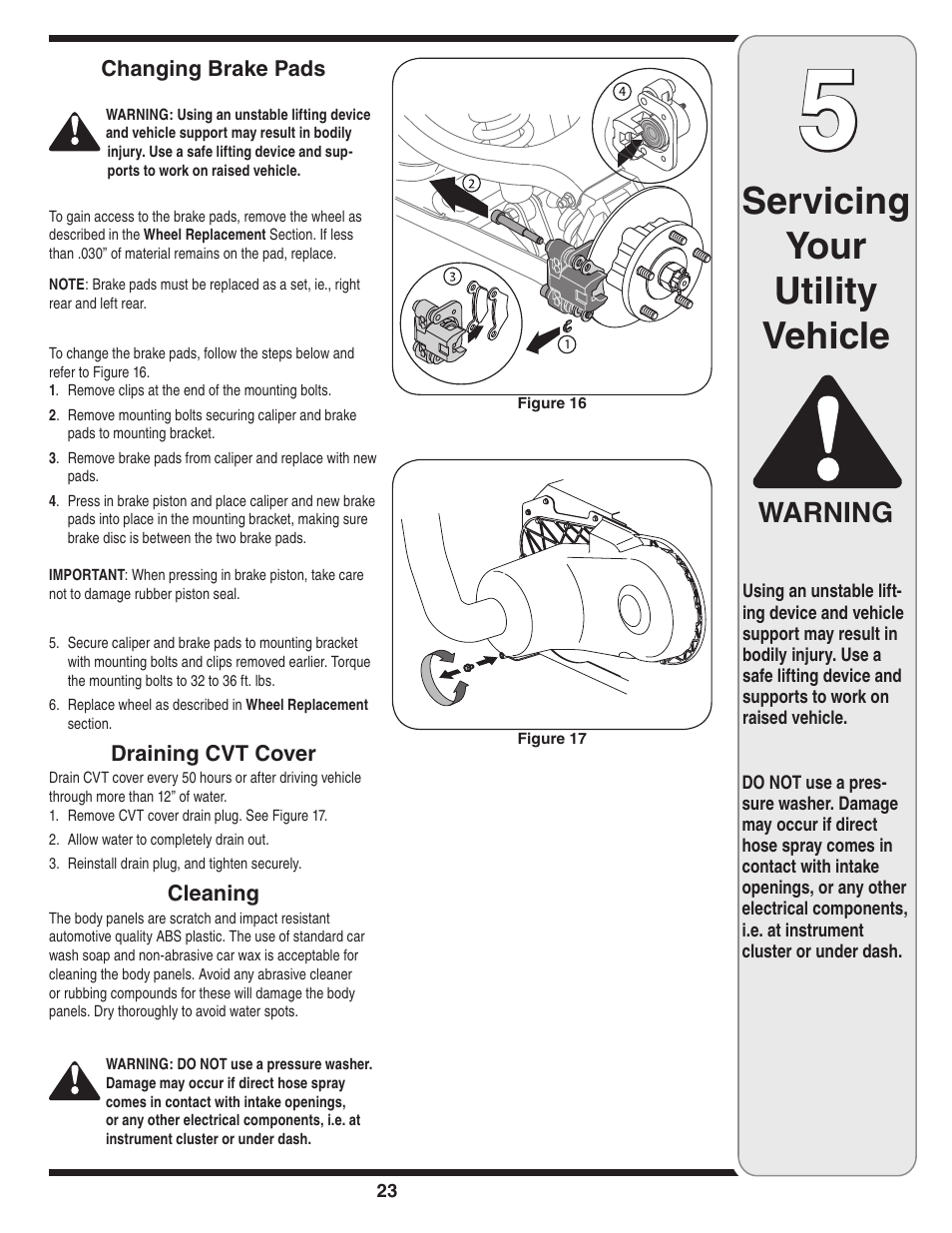 Servicing your utility vehicle, Warning | Cub Cadet J467 User Manual | Page 23 / 32