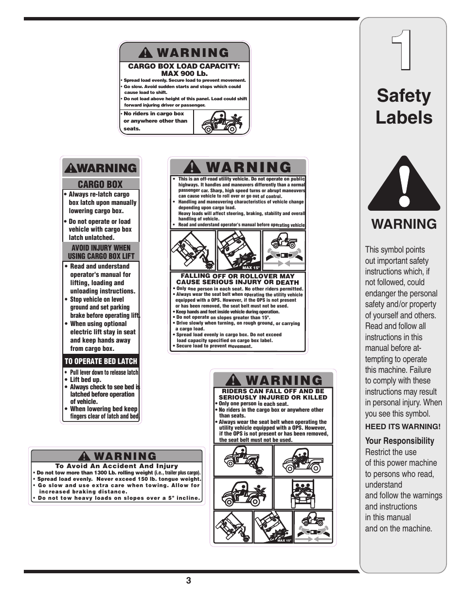 Safety labels, Warning | Cub Cadet J467 User Manual | Page 3 / 32