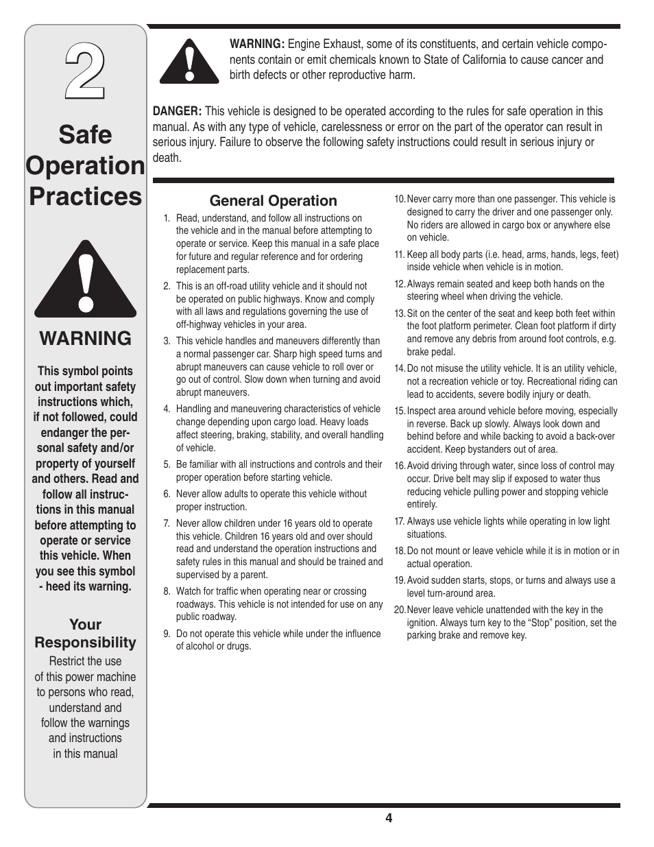 Safe operation practices, Warning | Cub Cadet J467 User Manual | Page 4 / 32