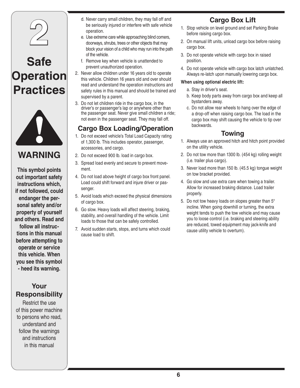 Safe operation practices, Warning | Cub Cadet J467 User Manual | Page 6 / 32