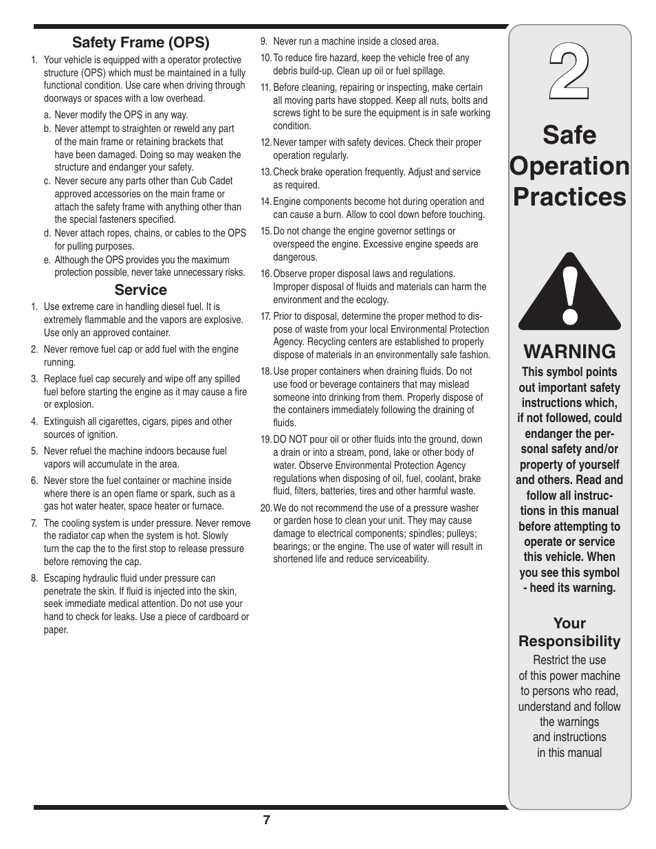 Safe operation practices, Warning | Cub Cadet J467 User Manual | Page 7 / 32