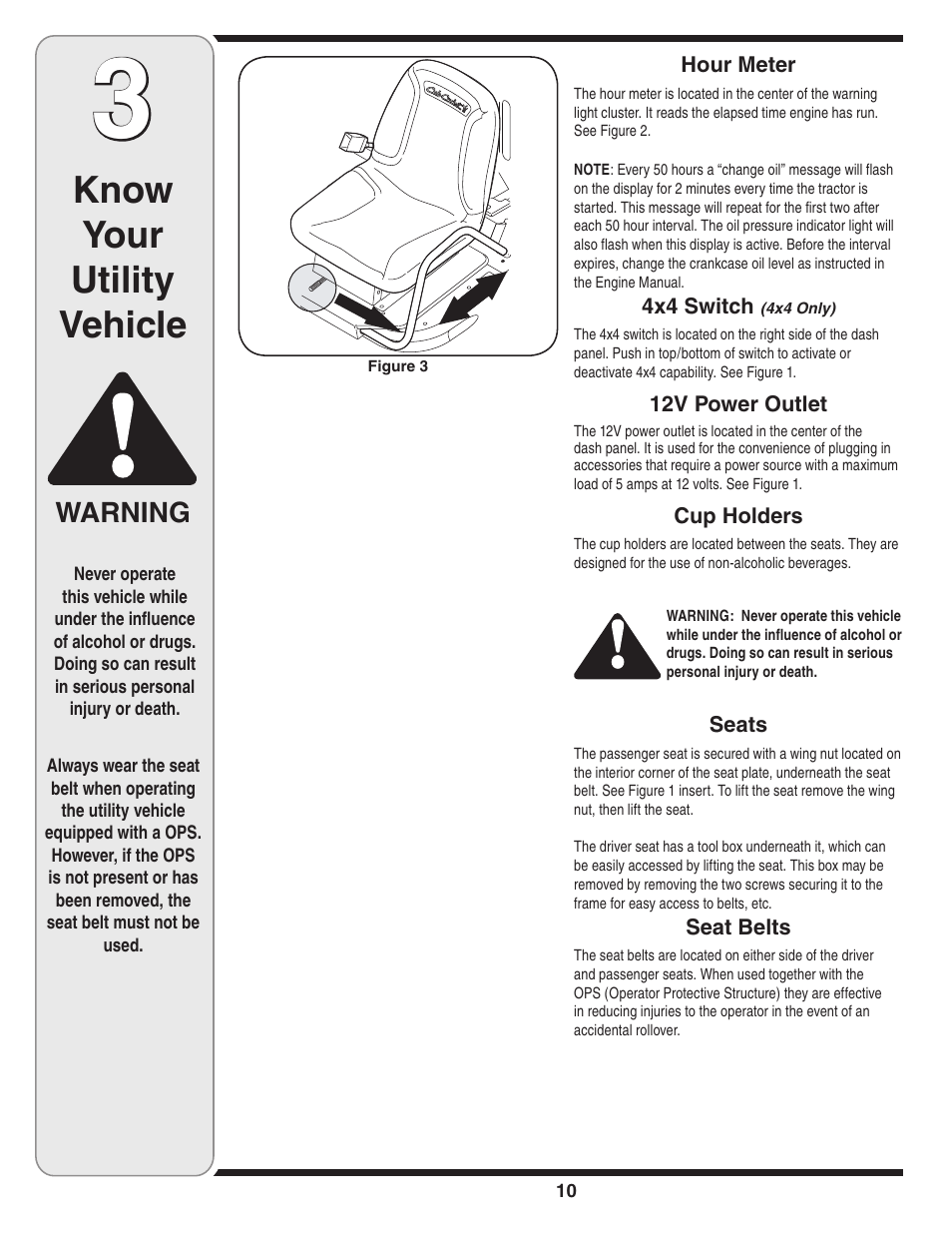 Know your utility vehicle, Warning | Cub Cadet Series C470 User Manual | Page 10 / 28