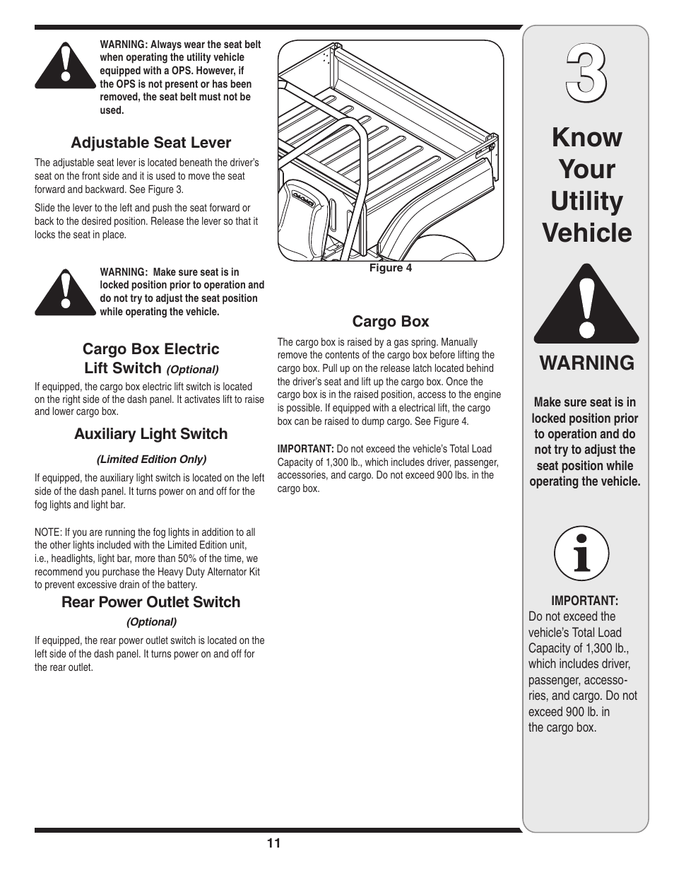Know your utility vehicle, Warning | Cub Cadet Series C470 User Manual | Page 11 / 28
