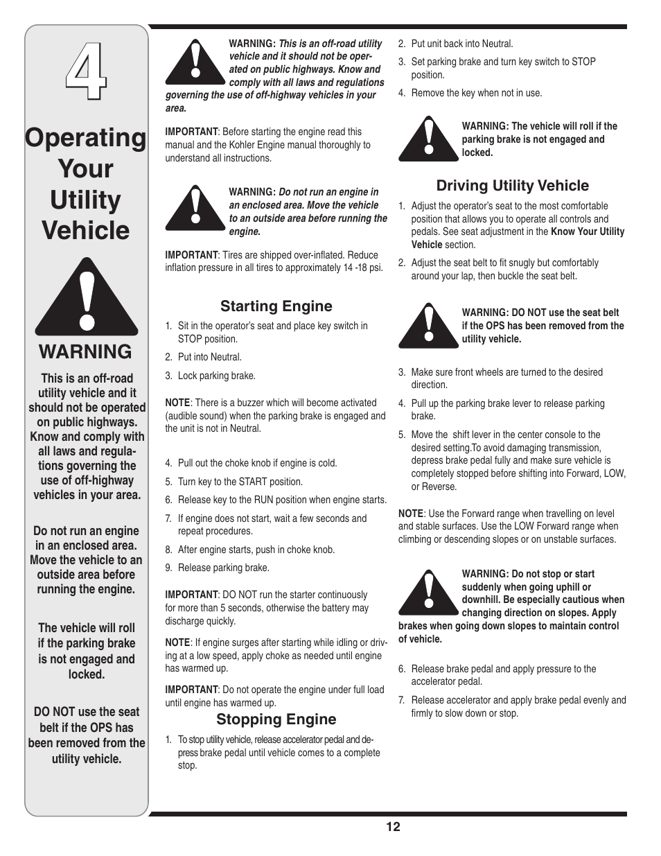 Operating your utility vehicle, Warning | Cub Cadet Series C470 User Manual | Page 12 / 28