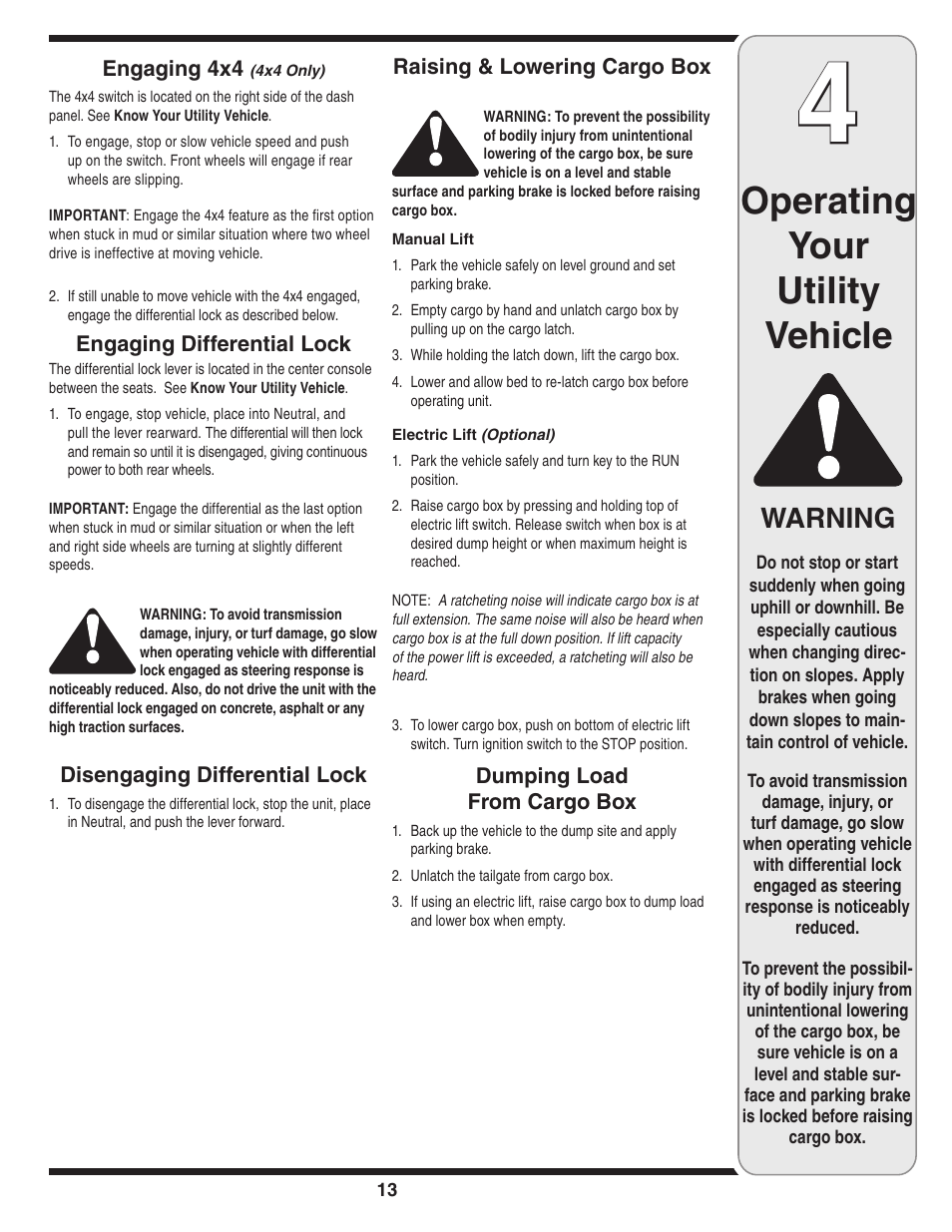 Operating your utility vehicle, Warning | Cub Cadet Series C470 User Manual | Page 13 / 28