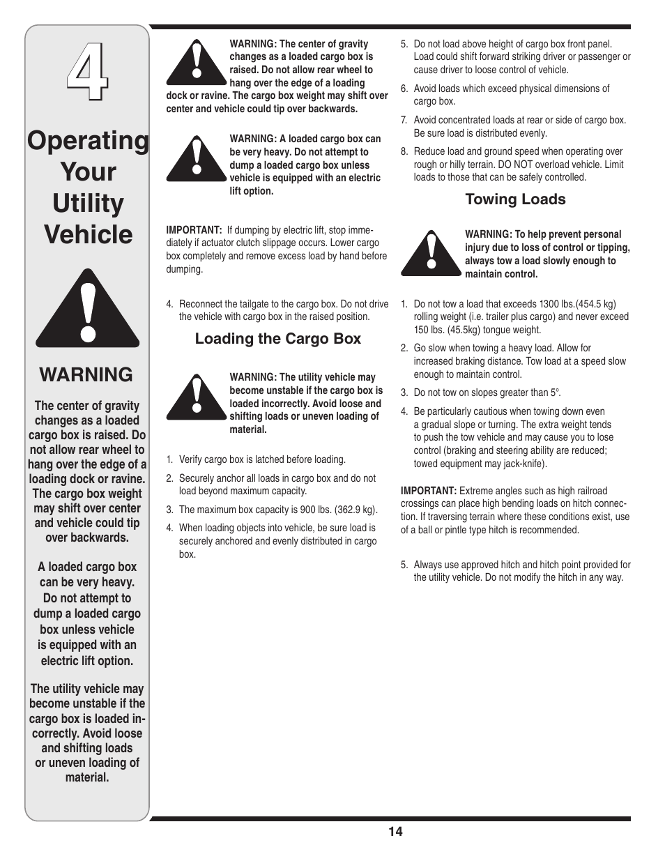 Operating your utility vehicle, Warning | Cub Cadet Series C470 User Manual | Page 14 / 28