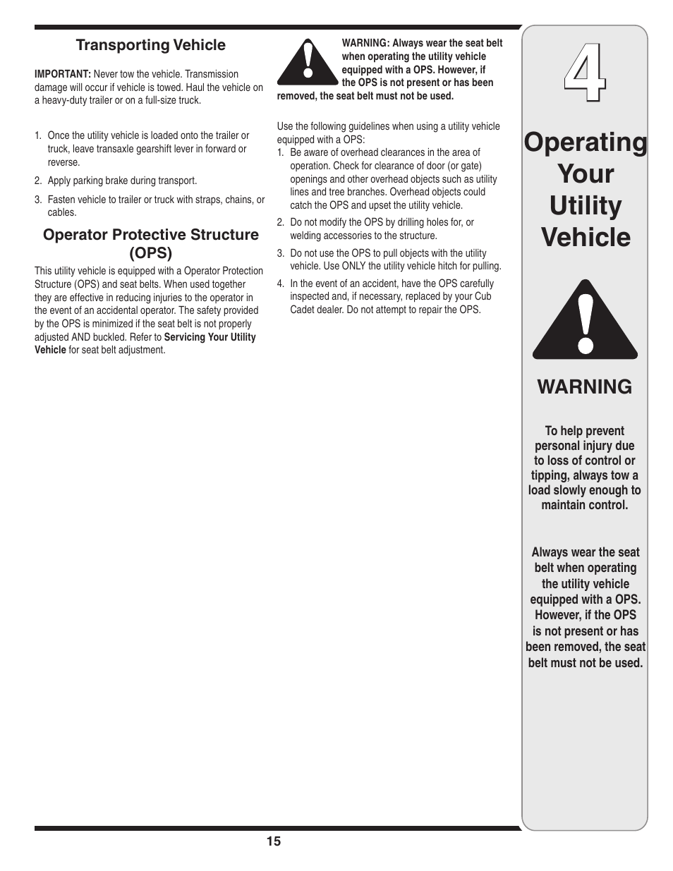 Operating your utility vehicle, Warning | Cub Cadet Series C470 User Manual | Page 15 / 28