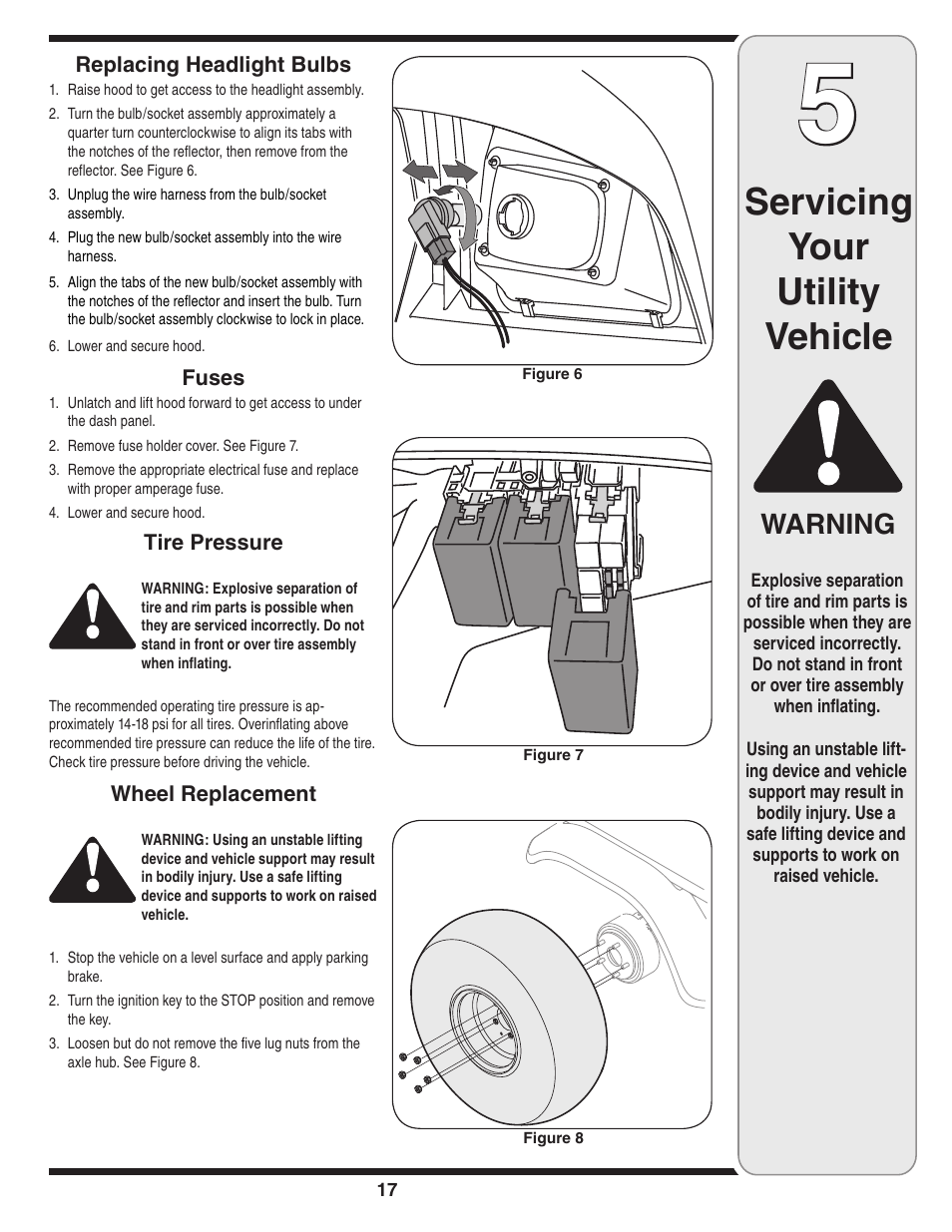 Servicing your utility vehicle, Warning | Cub Cadet Series C470 User Manual | Page 17 / 28