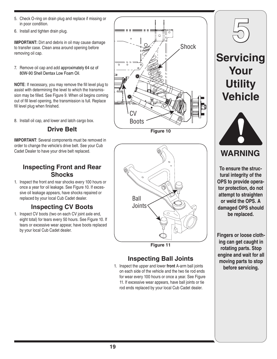 Servicing your utility vehicle, Warning | Cub Cadet Series C470 User Manual | Page 19 / 28