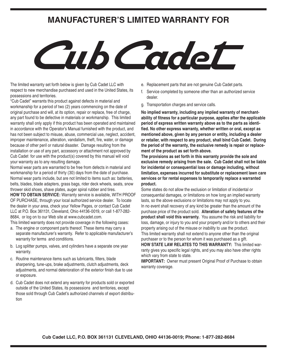 Manufacturer’s limited warranty for | Cub Cadet Series C470 User Manual | Page 28 / 28