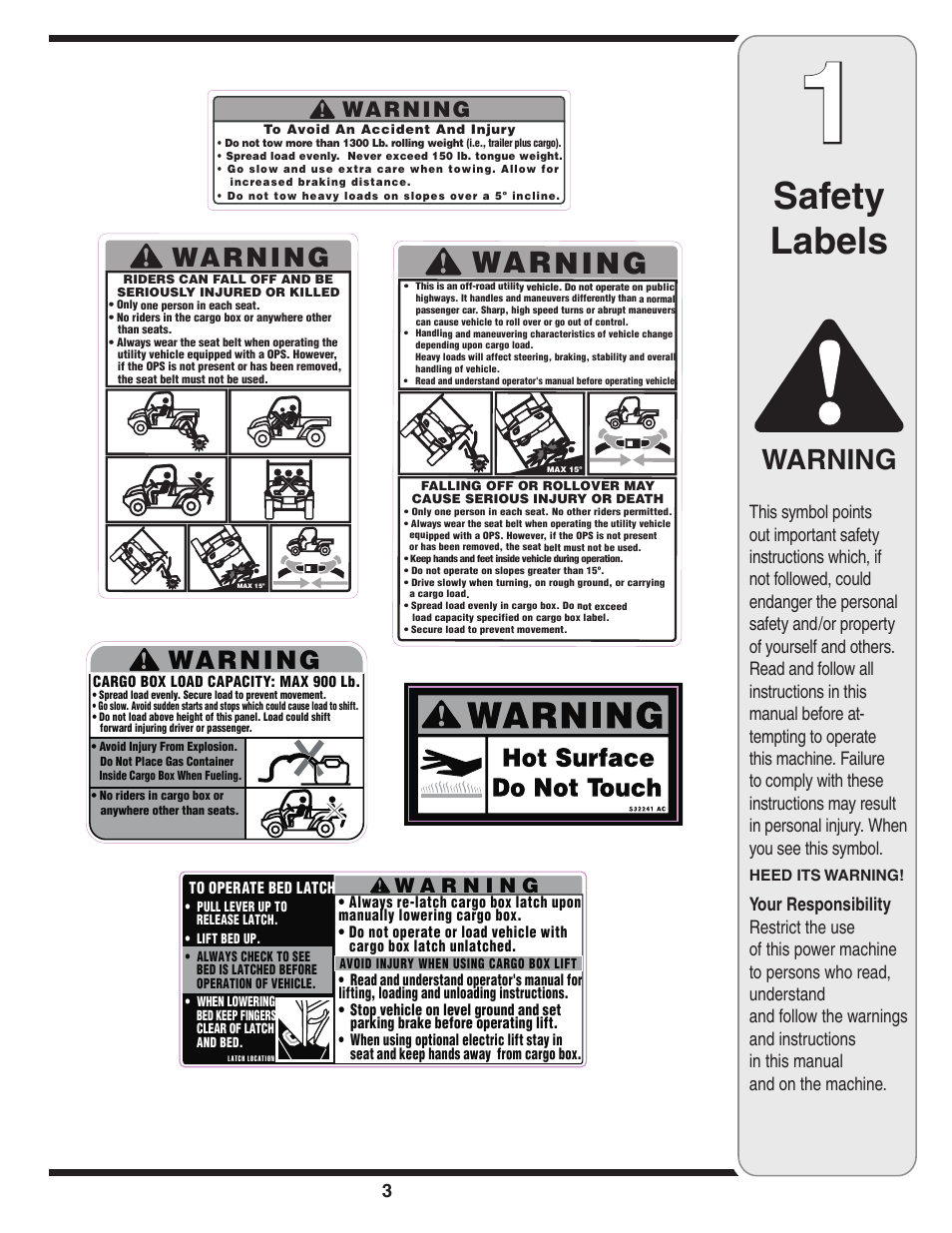 Safety labels, Warning | Cub Cadet Series C470 User Manual | Page 3 / 28